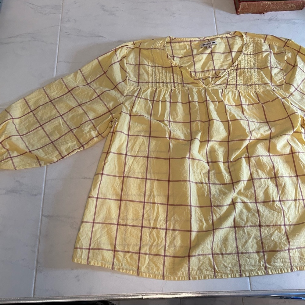 Toad & Co Yellow Plaid 3/4 Sleeve Blouse / tunic.  EUC!